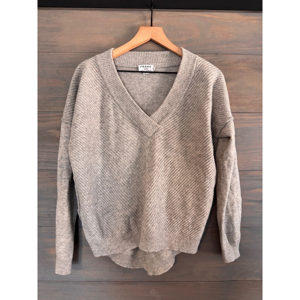 FRAME 100% Cashmere V-Neck Sweater Gray Ribbed Knit Oversized‎ XS LBVS3119